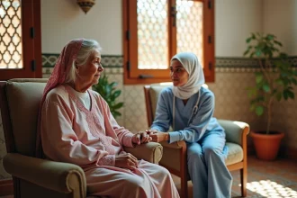 Aide-soignante accompagnant une personne âgée marocaine atteinte d'Alzheimer dans une maison de retraite au Maroc