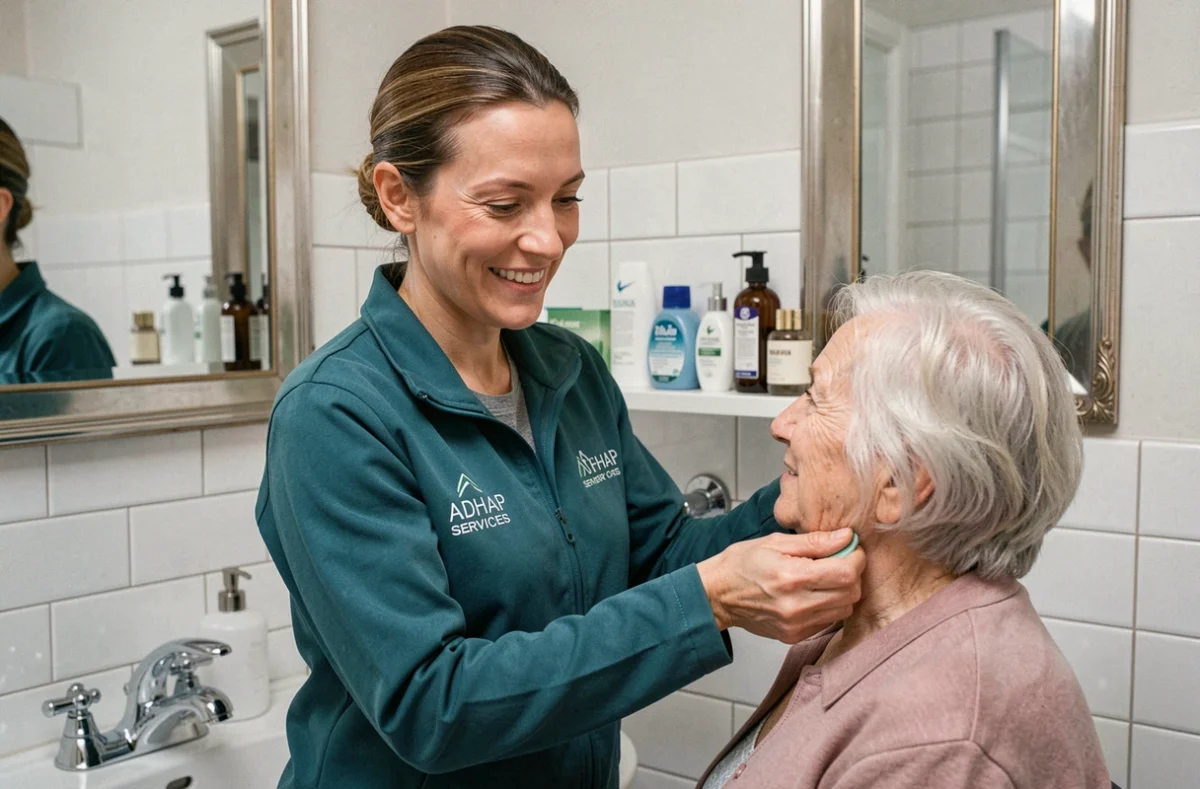 Une professionnelle ADHAP Services accompagne une personne âgée dans sa salle de bain pour la toilette du matin
