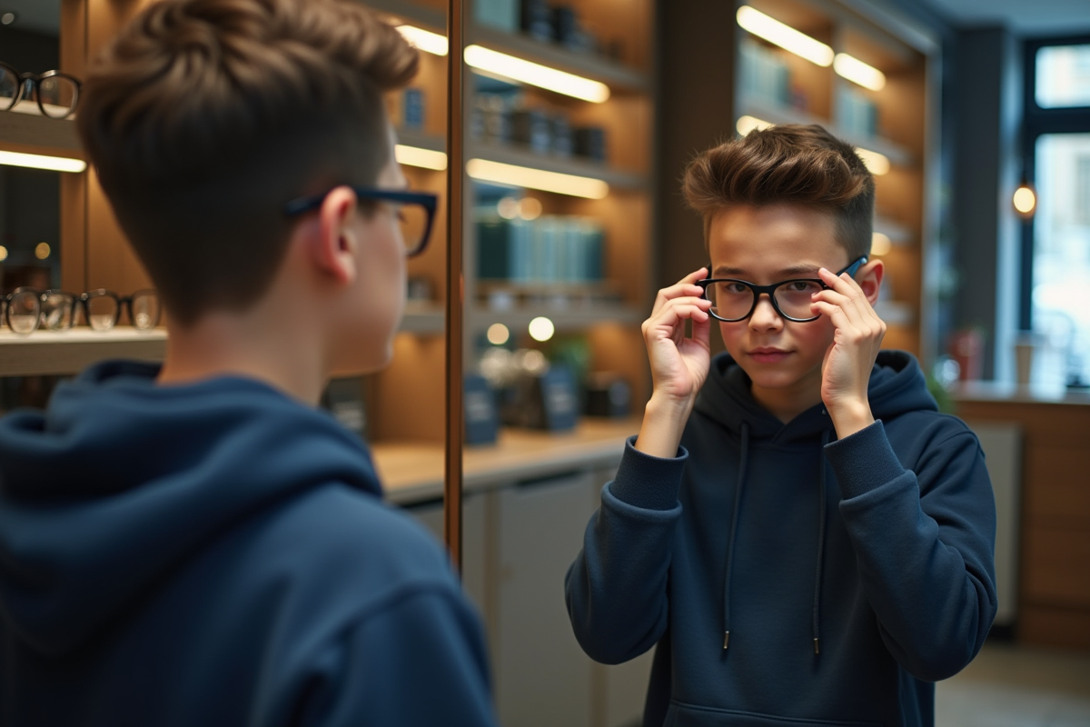 Adolescent essayant des lunettes dans une boutique élégante