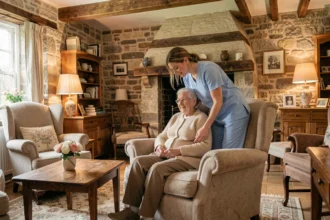 Aide à domicile professionnelle accompagnant une personne âgée dans un intérieur bourguignon chaleureux, illustration du classement des meilleures agences de services à la personne en Bourgogne-Franche-Comté