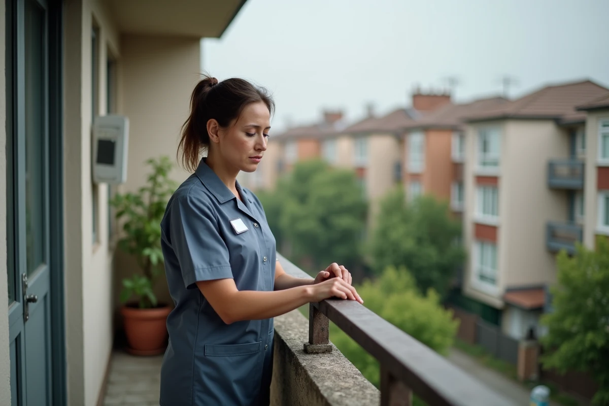 Aide à domicile évaluant prudemment une rambarde dangereuse sur un balcon résidentiel