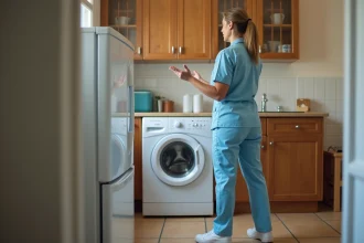 Aide à domicile refusant de déplacer un lave-linge lourd dans une cuisine résidentielle