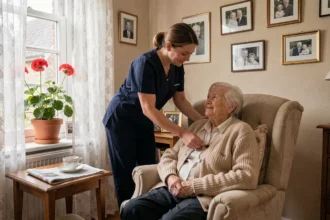 Une aide à domicile en uniforme assiste une dame âgée dans son salon en Picardie, illustrant les services d'aide à domicile dans la Somme