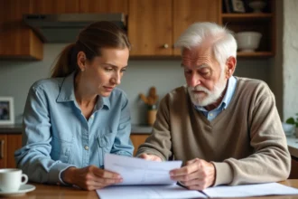Femme aidant son père âgé à la maison lors de la revue de papiers