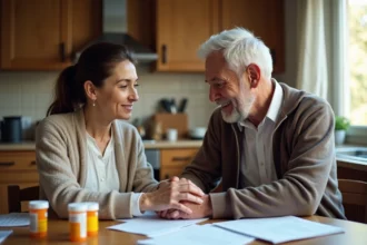 Femme aidant son père âgé lors d'une réunion familiale