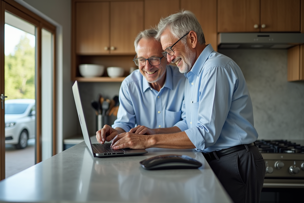 Fils aidant son père avec un dispositif d