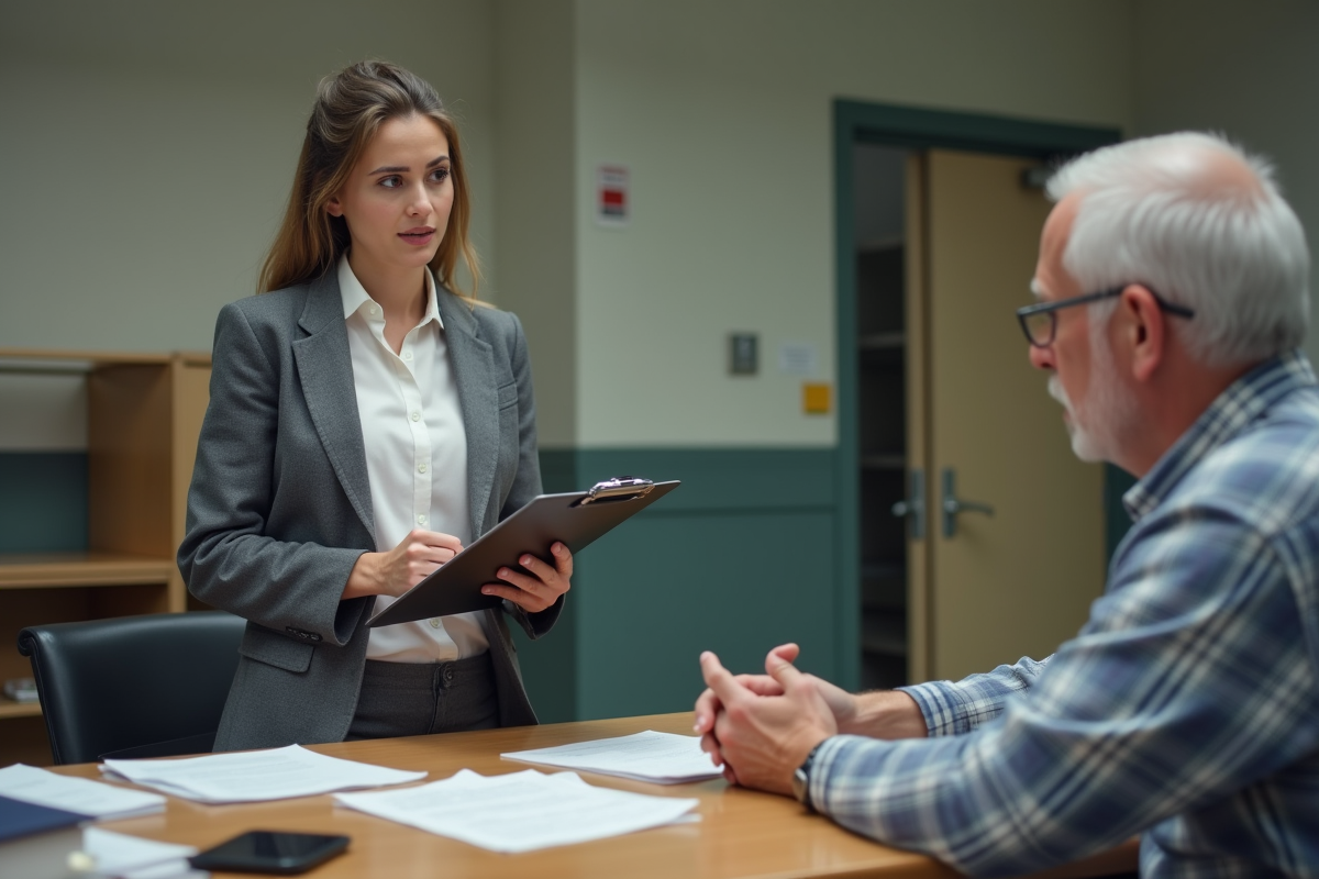 Jeune travailleuse sociale parlant à un homme âgé