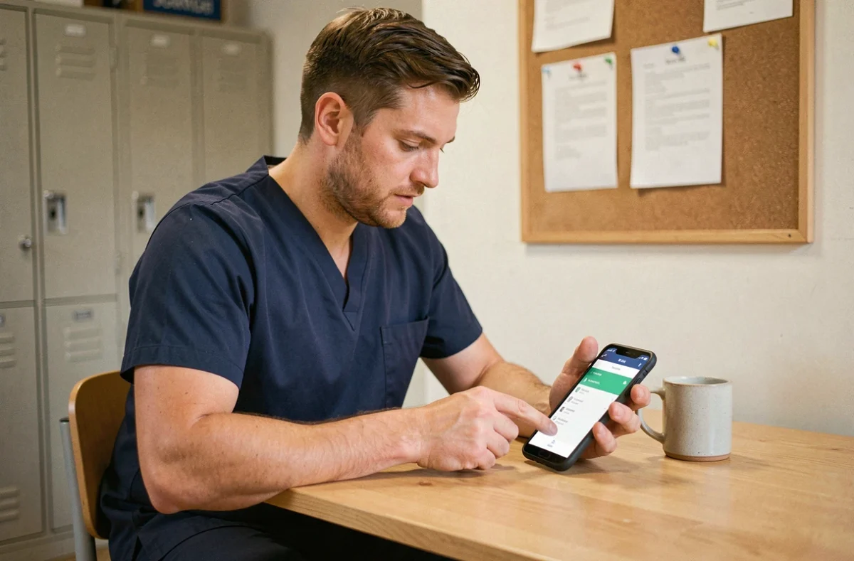 Aide-soignant consultant l'application NETSoins sur smartphone dans la salle de pause d'un établissement DOMUSVI
