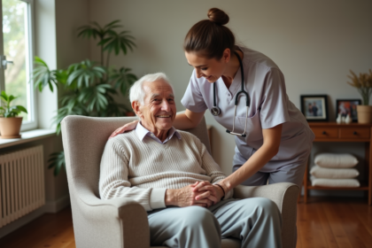 Aide-soignante soutenant un senior dans un salon chaleureux