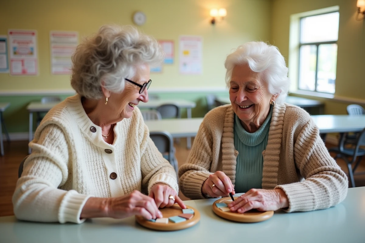 Deux femmes âgées réalisant des mosaïques simples ensemble dans un centre d'activités pour seniors malgré l'arthrose