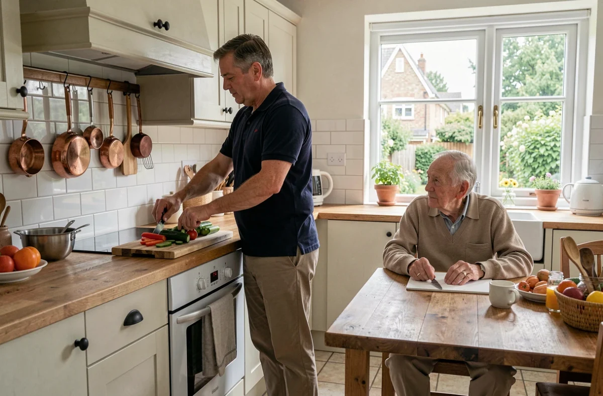 Auxiliaire de vie préparant un repas pour une personne âgée dans une cuisine à domicile dans l'Oise