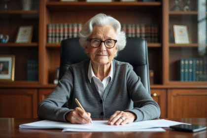 Dame âgée sérieuse dans un bureau avec documents légaux