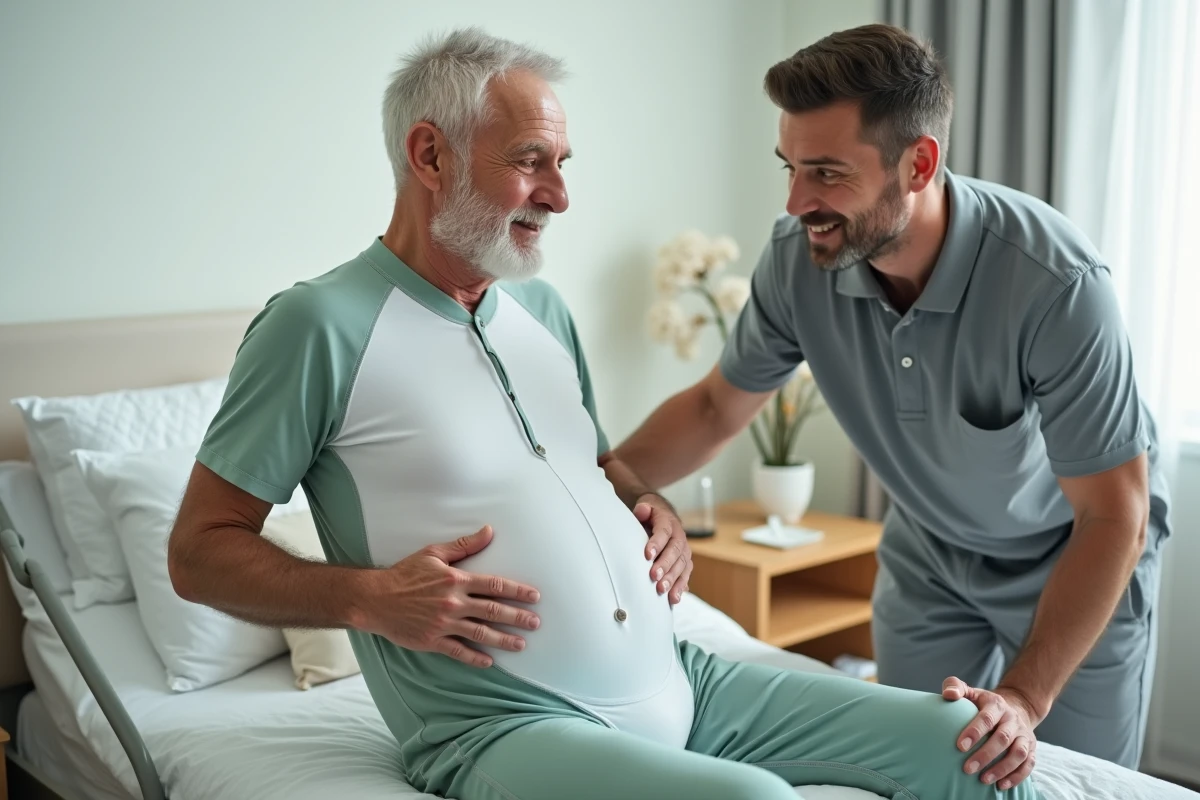 Aide-soignant assistant un homme âgé portant une combinaison adaptative pour adulte dans une chambre de maison de retraite, montrant l'utilisation pratique du babygro pour personnes dépendantes