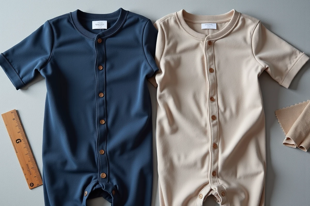 Vue à plat de deux babygros adultes pliés en coton bleu marine et modal taupe avec boutons-pression, présentant les caractéristiques pratiques des combinaisons pour handicap et incontinence