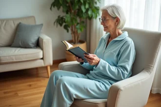 Femme adulte portant un babygro adaptatif bleu pâle assise dans un fauteuil de salon moderne, illustrant le confort et la dignité des combinaisons pour adultes handicapés ou incontinents