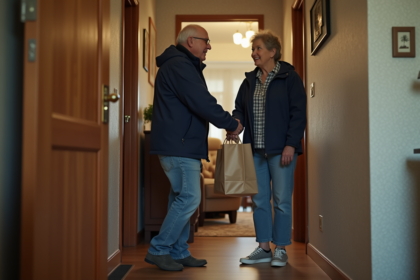 Homme bénévole aidant une femme âgée à sa porte