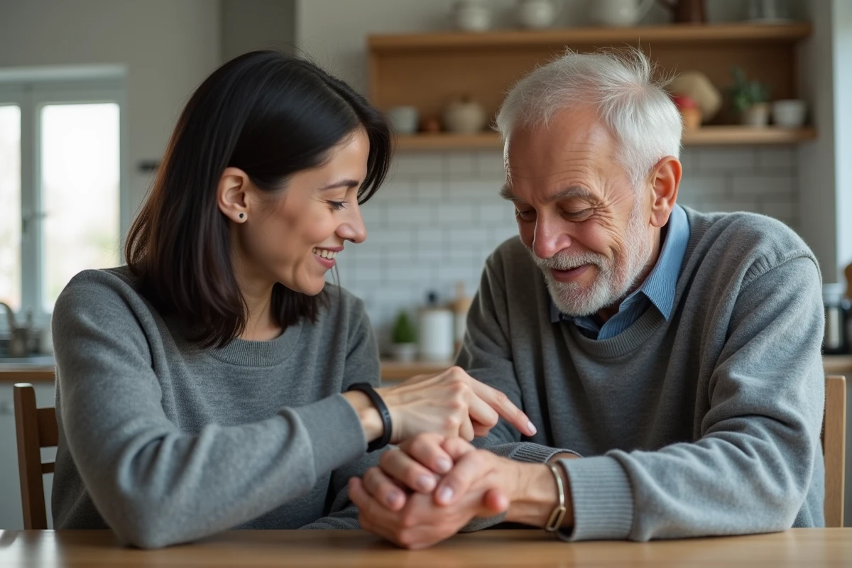 Fille aidant son père âgé à comprendre le fonctionnement d'un bracelet GPS pour seniors atteints d'Alzheimer