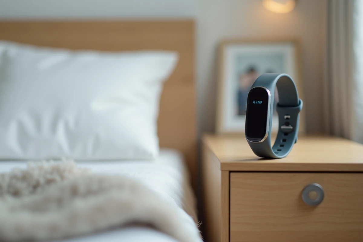Gros plan d'un bracelet GPS pour personnes âgées atteintes d'Alzheimer posé sur une table de chevet en bois