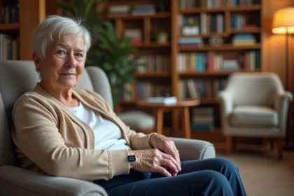 Femme âgée portant un bracelet GPS Alzheimer au poignet dans un salon familial