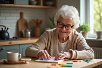 Femme âgée avec arthrose faisant du bricolage créatif avec des stickers sur un cadre en bois dans sa cuisine