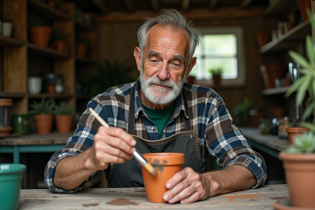 Homme âgé avec tremblements peignant un pot en terre cuite avec un pinceau à manche épais dans un atelier de jardin