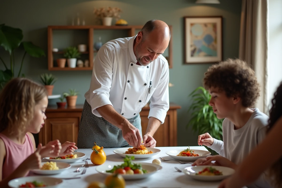 Chef dressant un plat pour une famille dans la salle à manger