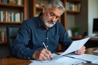 Homme de 58 ans consultant des documents de retraite et de carrière à son bureau à domicile, illustrant la planification de la retraite après une période de chômage