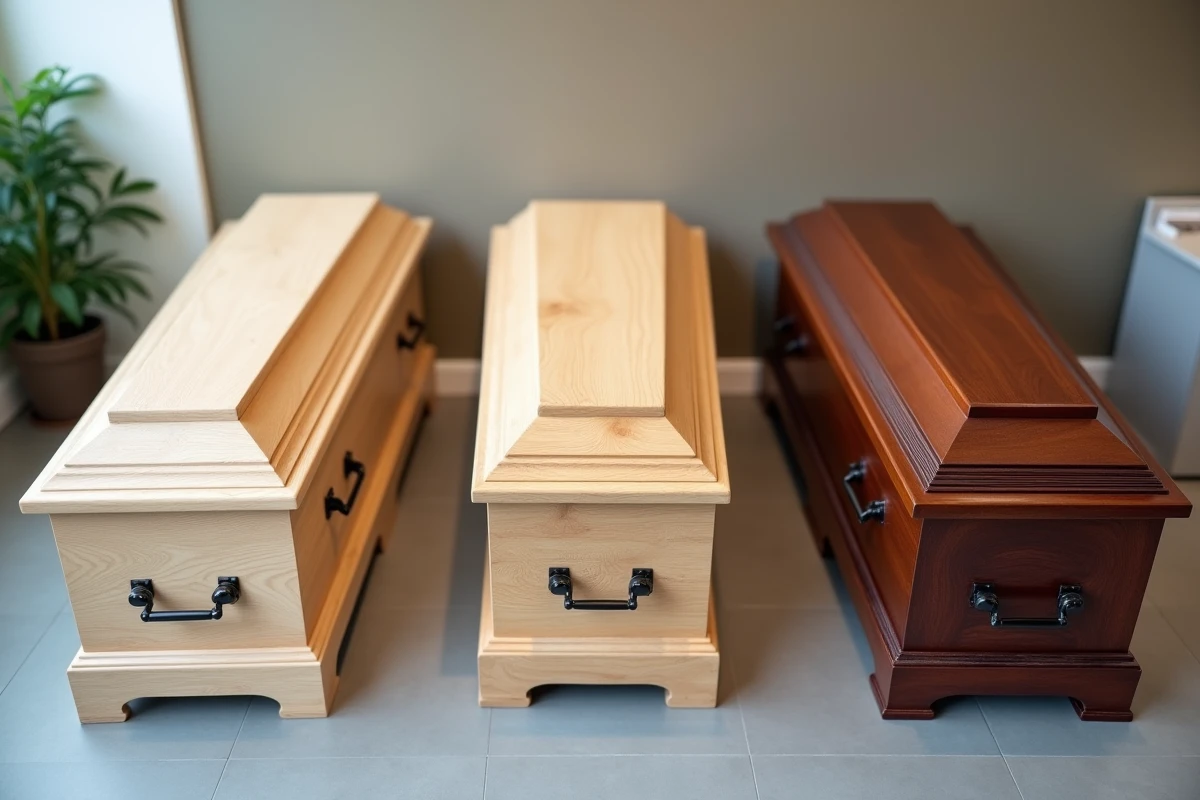 Comparaison de trois cercueils de crémation en bois de différentes gammes de prix dans un funérarium