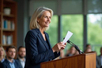 Femme conférencière en blazer navy lors d'une conférence