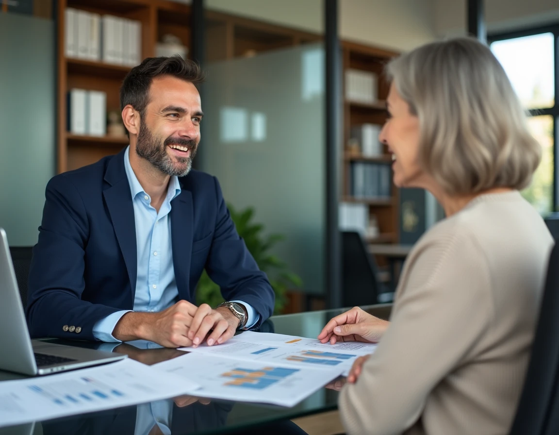 Conseiller financier présentant des projections de retraite complémentaire à une cliente
