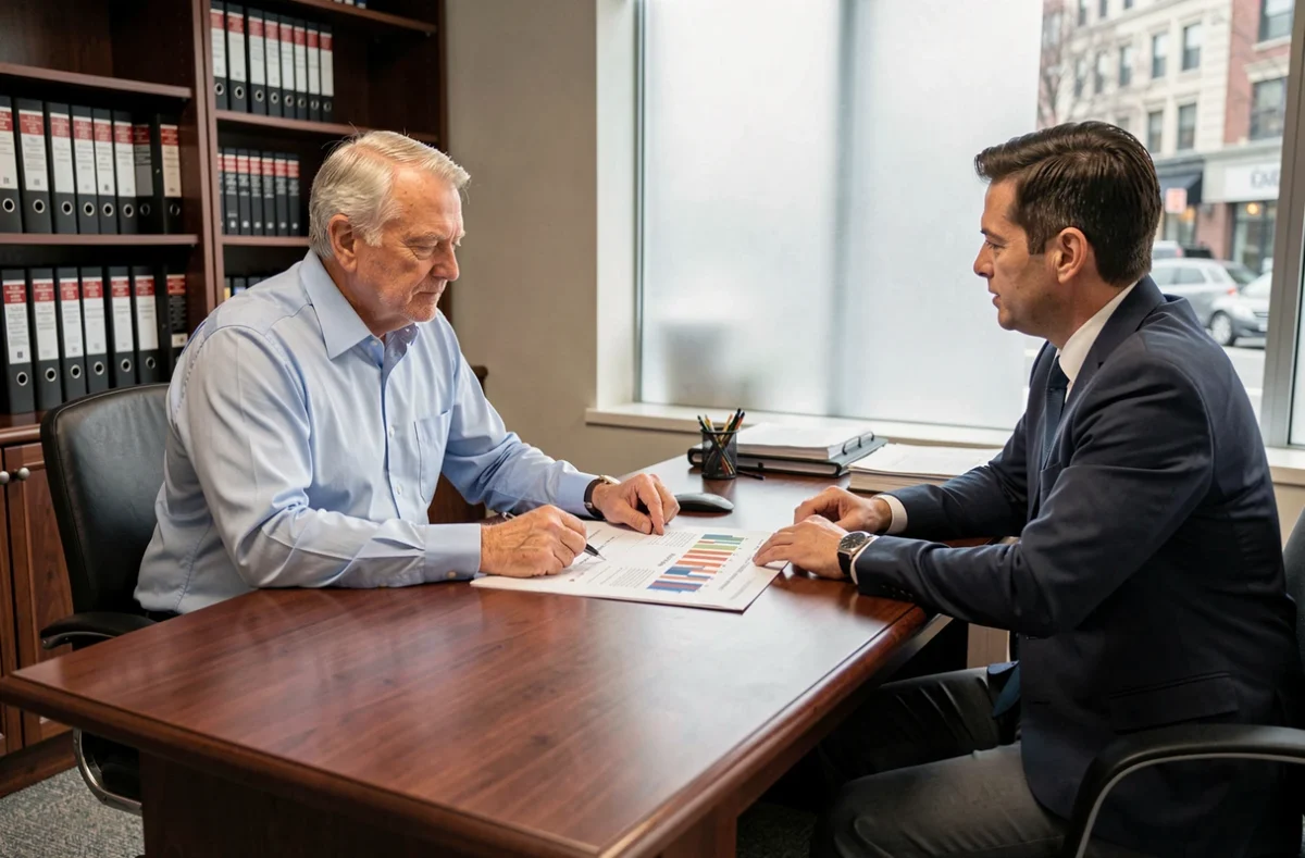 Homme retraité en consultation avec un conseiller financier pour maximiser ses droits à la retraite