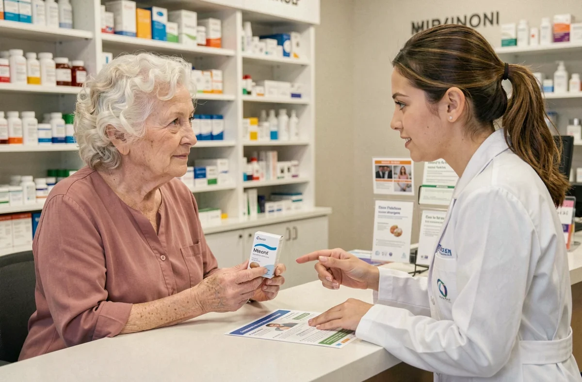 Femme âgée en consultation avec une pharmacienne au sujet des compléments alimentaires pour la mémoire