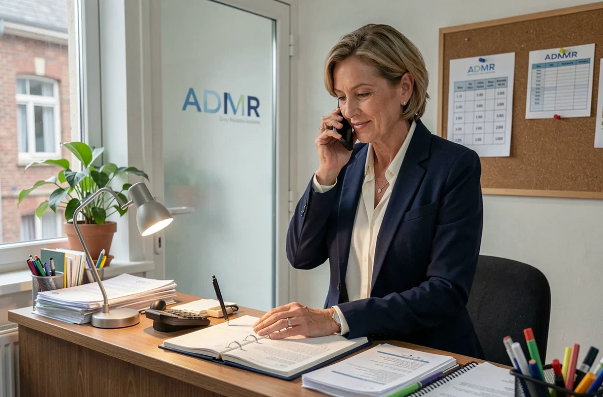 Coordinatrice ADMR en agence renseignant une famille sur les tarifs de garde de nuit et week-end