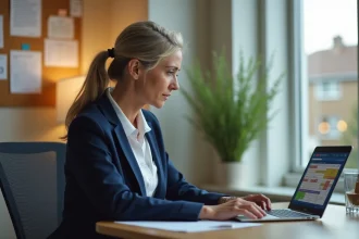 Coordinatrice d'un service d'aide à domicile utilisant le logiciel LogisFil sur un ordinateur portable pour planifier les interventions des auxiliaires de vie