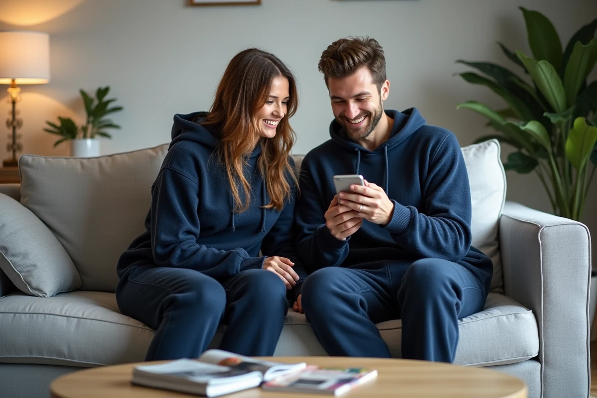 Couple d'adultes en babygros marine assortis sur un canapé, consultant un site d'achat en ligne ensemble
