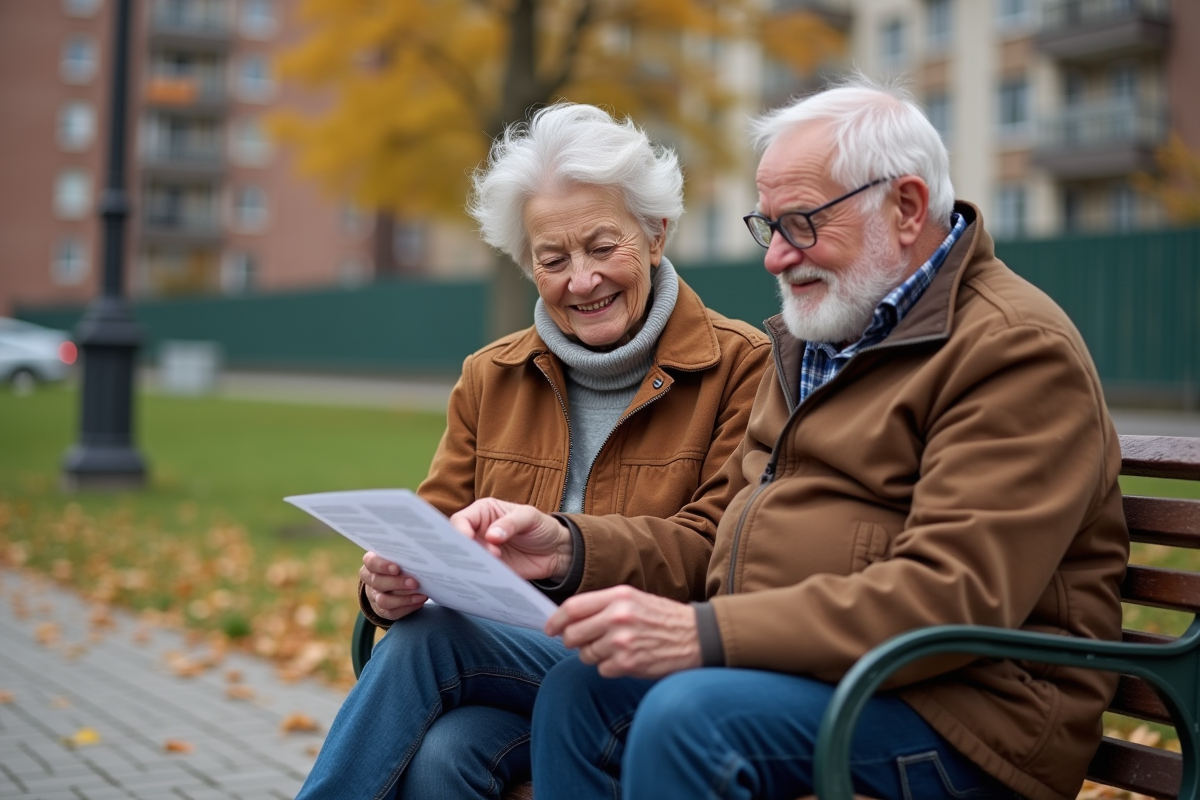 Couple senior discutant dans un parc en automne