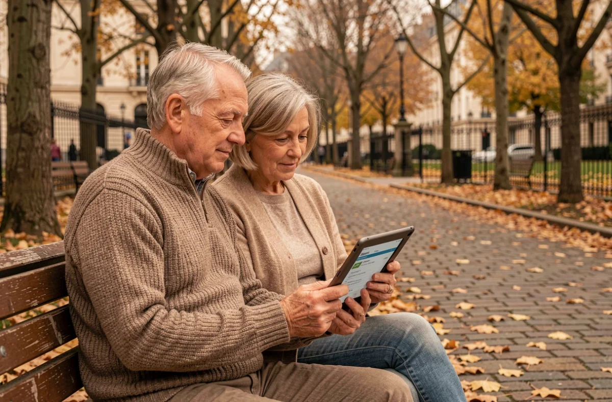 Couple de futurs retraités consultant des informations sur la revalorisation des retraites complémentaires en 2026 dans un parc