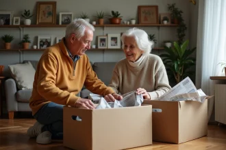 Couple de retraités en train d'emballer leurs affaires dans des cartons pour un déménagement à petit budget