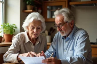 Couple de retraités examinant leur relevé de pension Agirc-Arrco à la table de cuisine