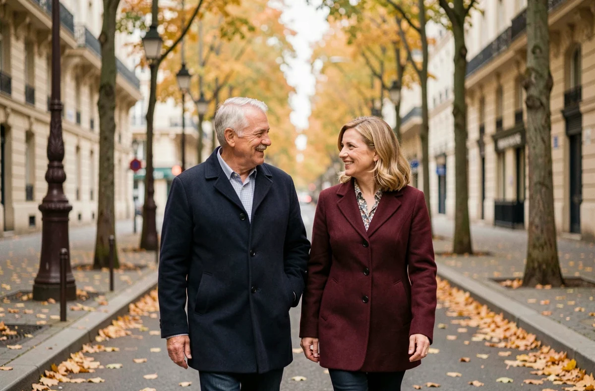 Couple de futurs retraités se promenant sereinement sur un boulevard parisien en automne après avoir optimisé leur pension