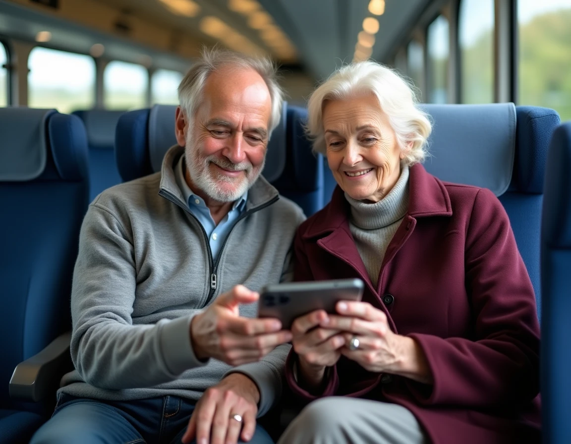 Couple de retraités SNCF consultant les avantages du pass carmillon dans un TGV