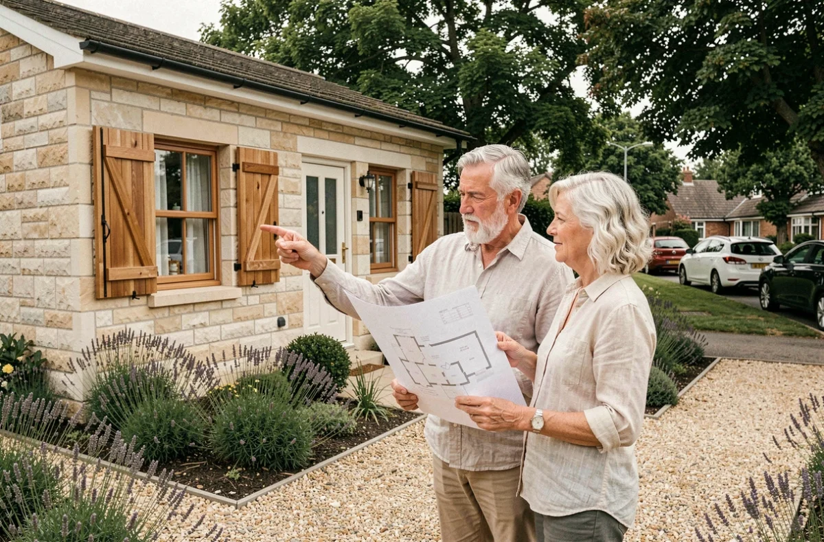 Couple de seniors devant leur maison de retraite en consultant un plan de logement