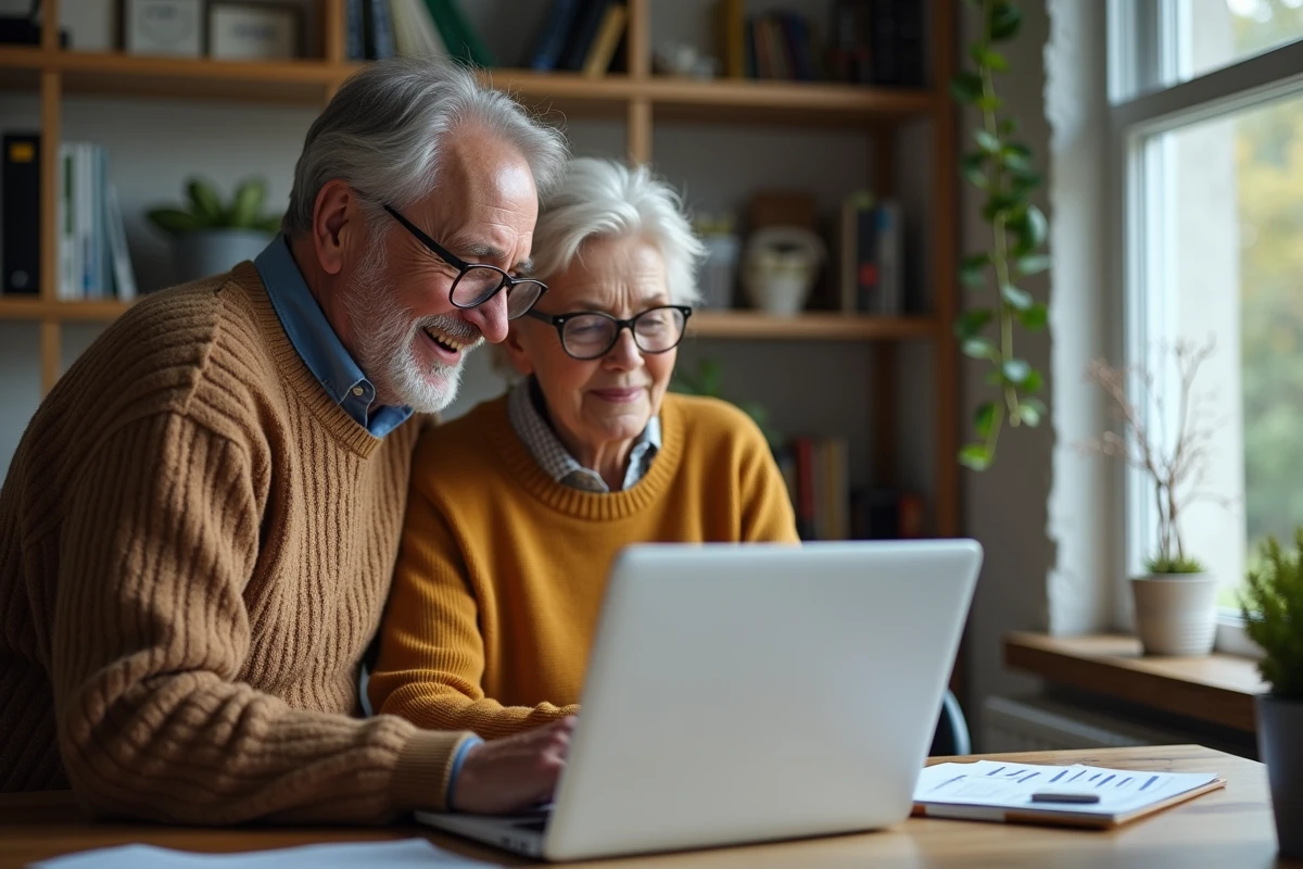 Couple âgé consulte un ordinateur dans un bureau domestique