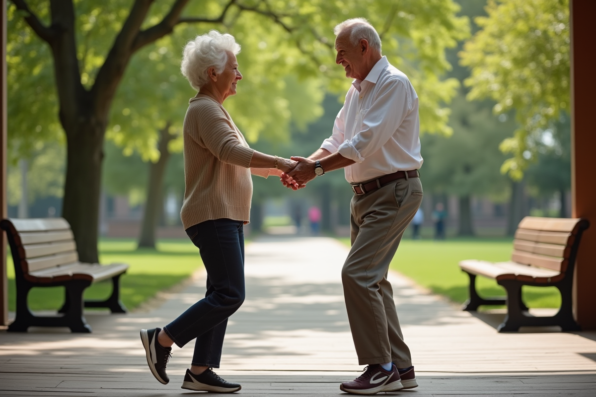 Couple de 70 ans apprenant la danse en plein air dans un parc