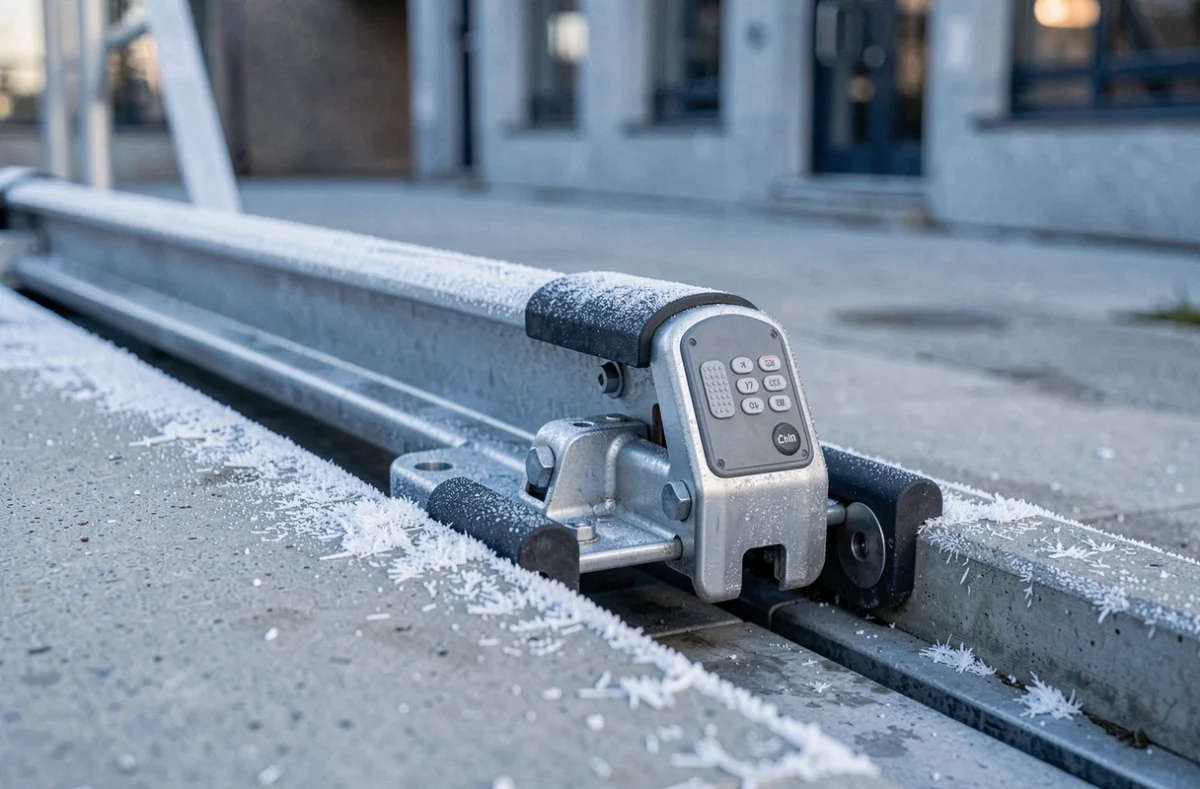 Détail des rails antidérapants et protection antigel d'un élévateur PMR extérieur par temps de givre