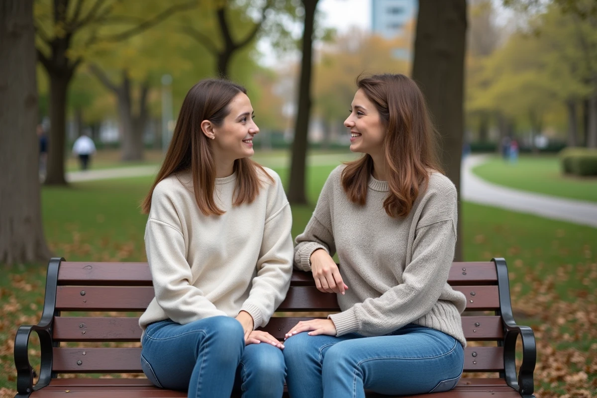 Deux femmes discutant sur un banc dans un parc urbain
