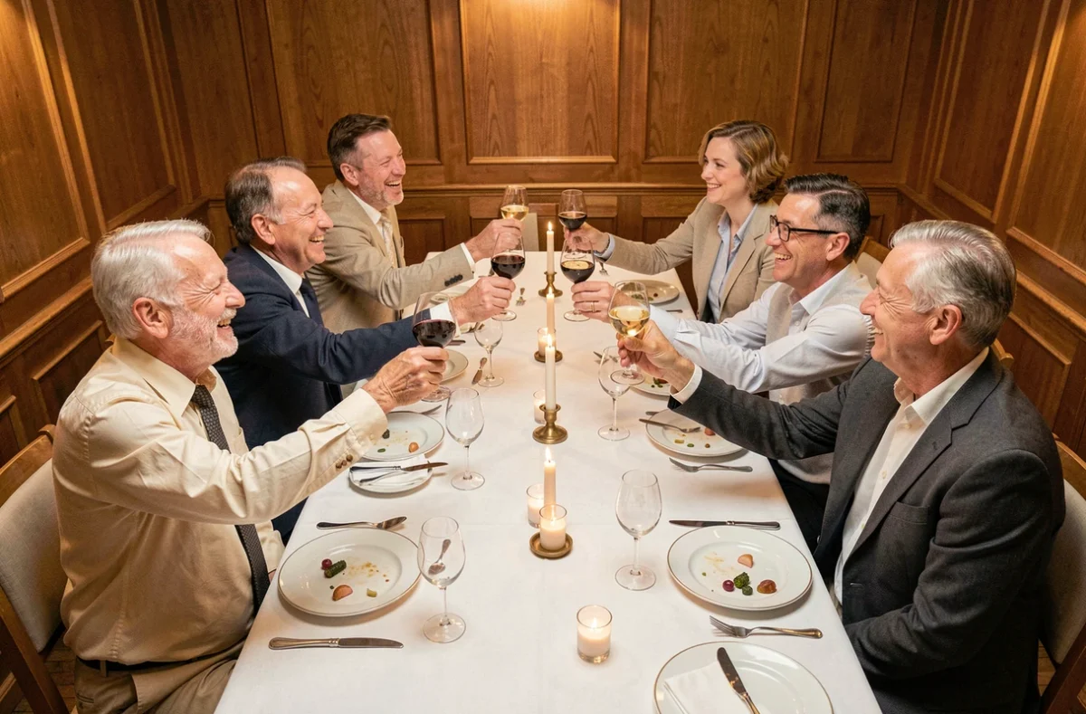 Groupe de collègues portant un toast lors d'un dîner d'adieu solennel pour un départ à la retraite dans un restaurant privatif