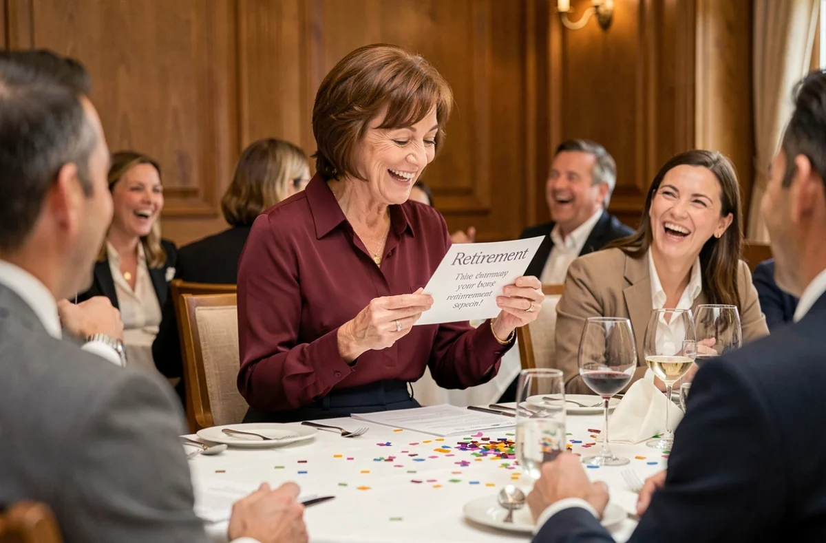 Femme lisant un discours humoristique de départ à la retraite devant des invités hilares autour d'une table de banquet élégante