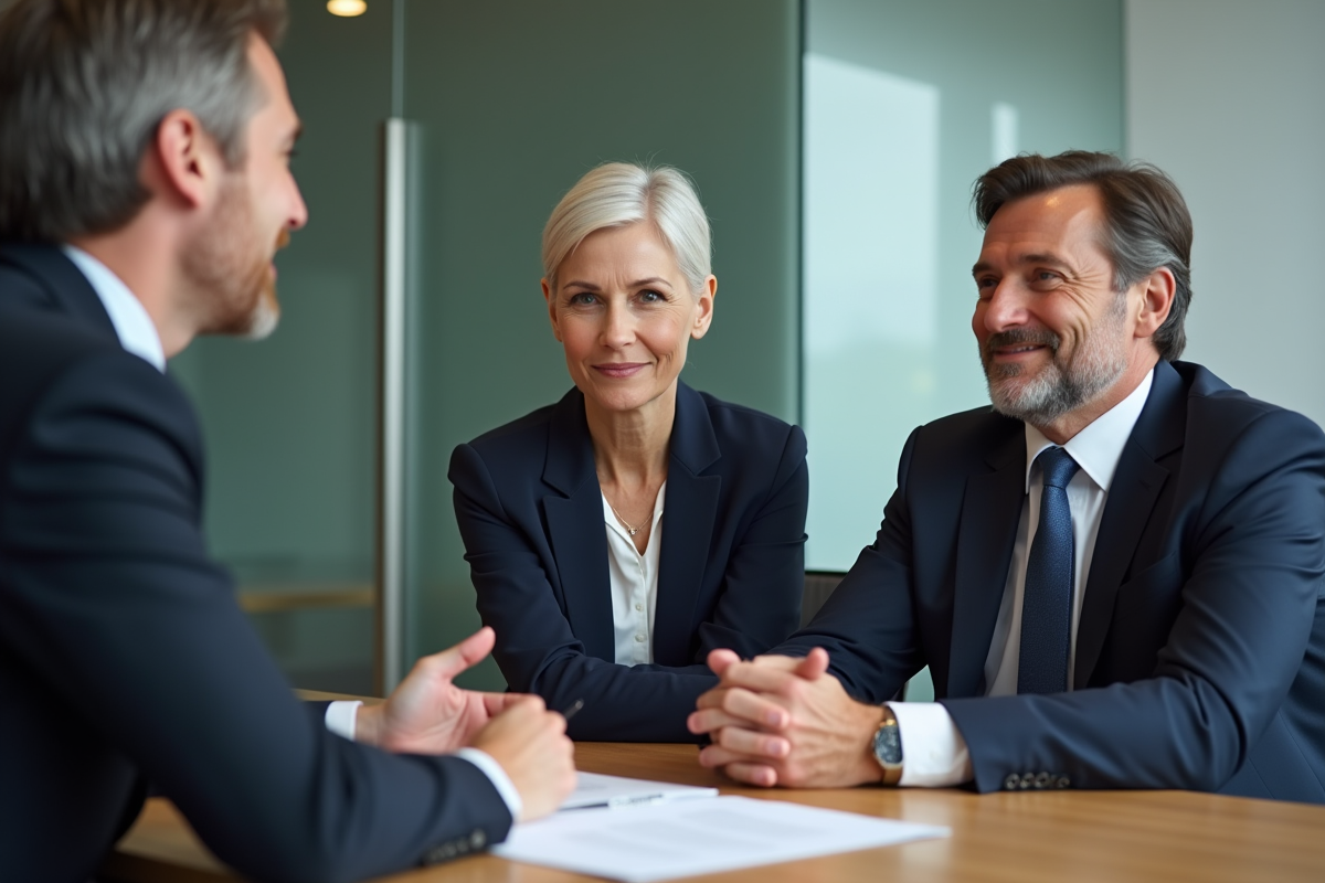 Homme et femme en discussion avec un avocat dans une salle de réunion