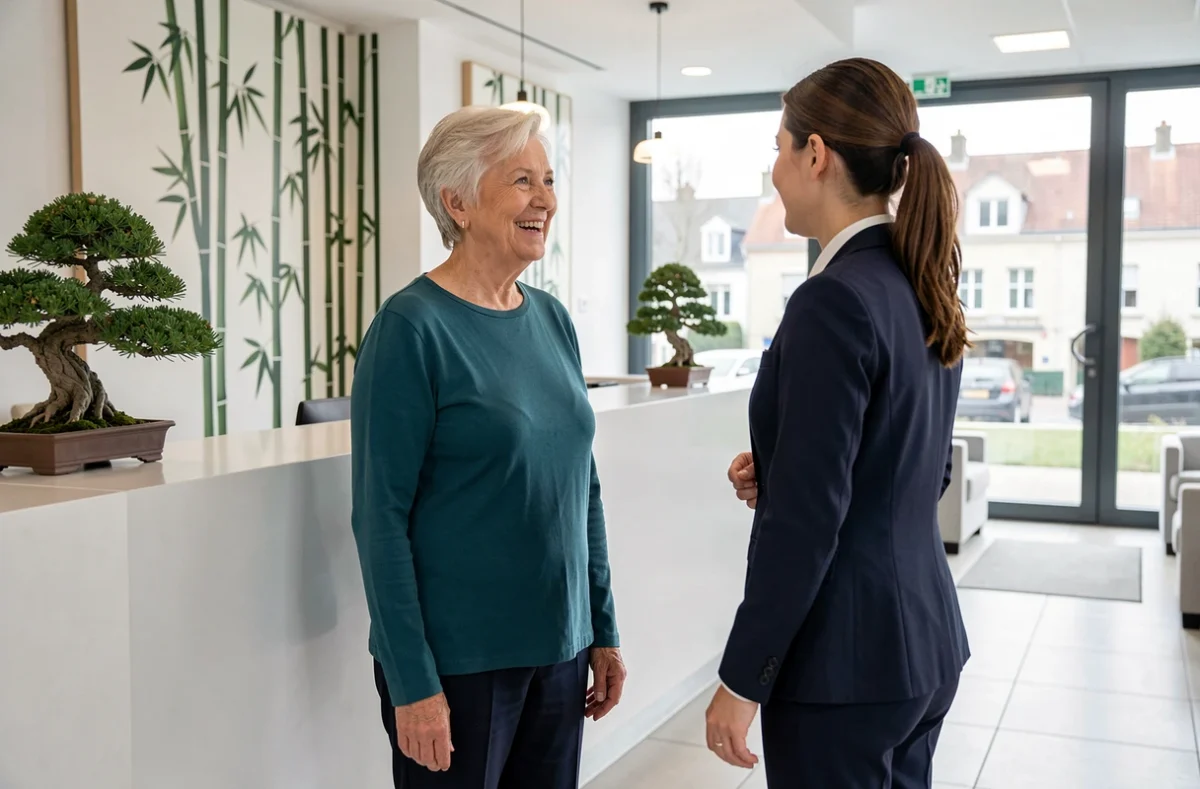 Résidente accueillie chaleureusement à la réception de la résidence DOMITYS La Jonque à Montargis